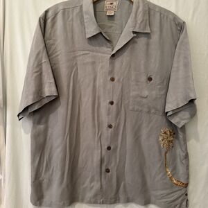 Mens Luau XL Blue 100% Silk Sleeve Button Up Embroidered Front/Back